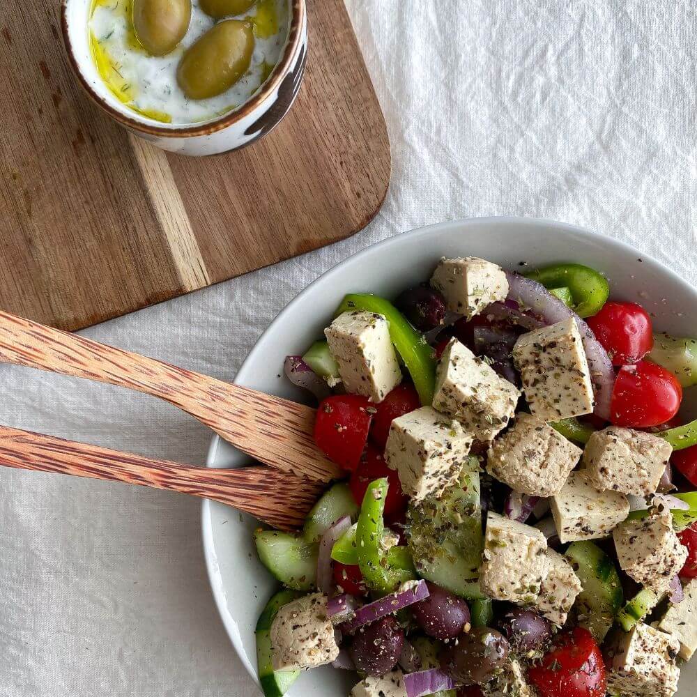 Vegan greek salad with tofu feta