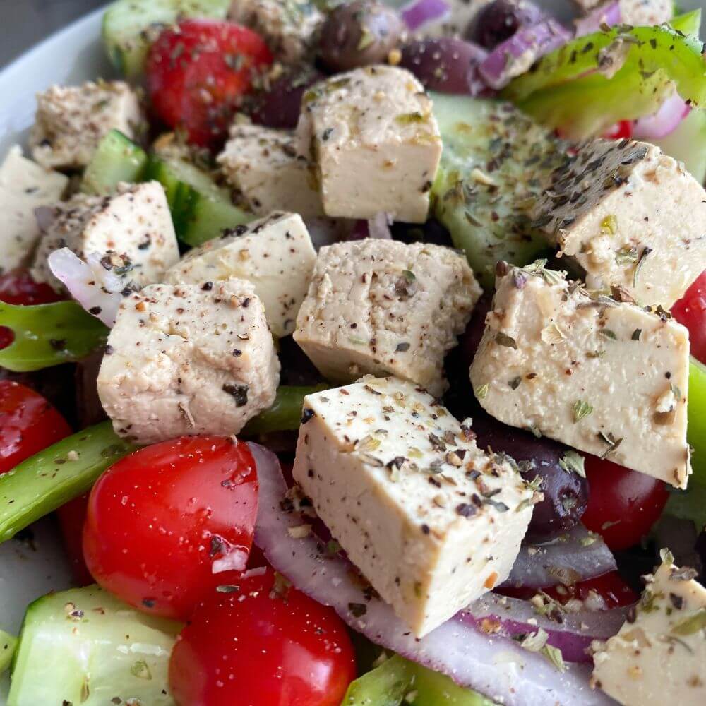 Vegan greek salad with tofu feta