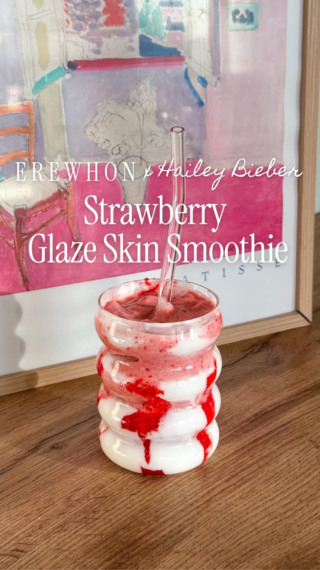 Copycat Hailey Bieber Smoothie🥥☁️💞
 
Smoothie
 
 - 2-2,5 dl almond milk
 - 4 dl (200 g) frozen strawberries
 - 1 banana, frozen
 - ¼ avocado or 2-3 tsp almond butter
 - 1-2 Medjool dates
 - (2 tsp collagen powder)
 - splash of vanilla
 
 Strawberry glaze:
 
 - 2,5 dl fresh or frozen strawberries
 - splash of lemon juice (& maple syrup)
 
 For the rim of the glass: 
 
 - Coconut yogurt (I like @alpro ) or coconut cream
 
 Make it: 
 
 Start by making the strawberry glaze: blend the strawberries until smooth, then add a small splash of lemon juice (and maple syrup, if using).
 
Remove the pit from the date and blend all the ingredients until silky smooth. Spread some coconut yogurt around the inside of the glass and spoon the strawberry glaze. Pour the smoothie into the glass and enjoy cold <3
 
erewhon dupe, erewhon copycat recipes, smoothie recipes, Hailey Bieber smoothie