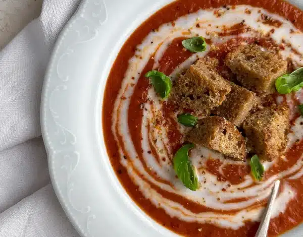 Roasted Tomato and Red Pepper Soup with Homemade Sourdough Croutons