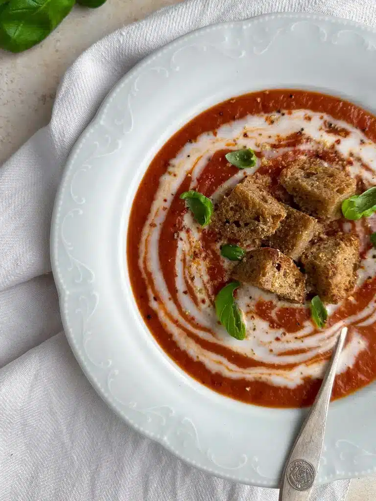 Roasted Tomato and Red Pepper Soup with Homemade Sourdough Croutons