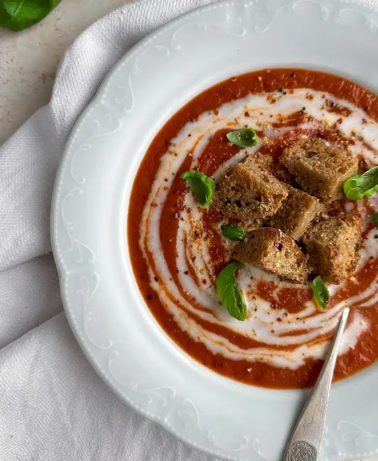 Roasted Tomato and Red Pepper Soup with Homemade Sourdough Croutons